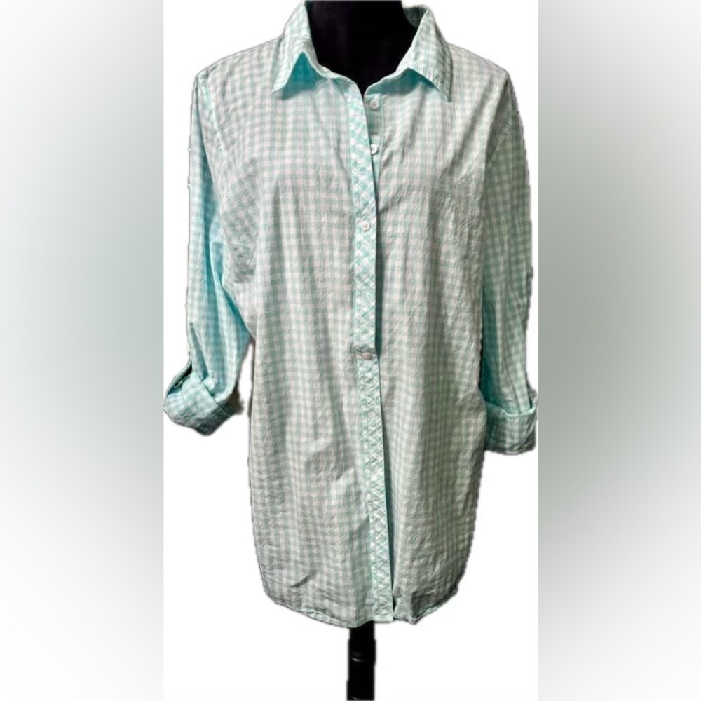 Talbots Size XL Aqua Blue Gingham Preppy Button Up Shirt